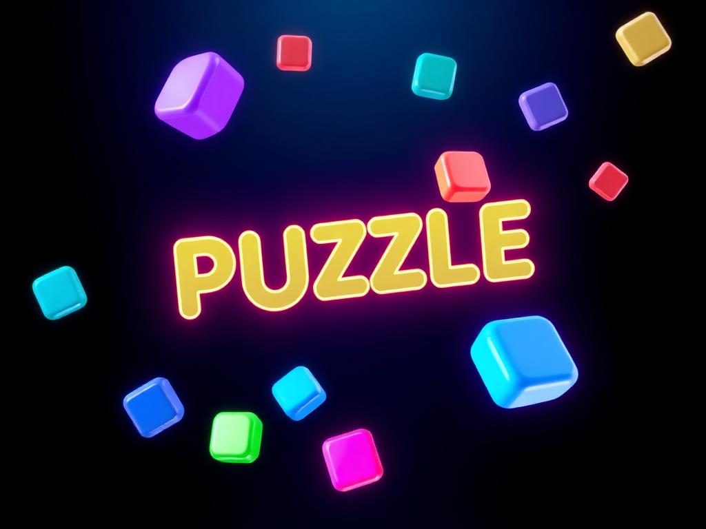 Colourful glossy puzzle blocks floating on a dark neon background