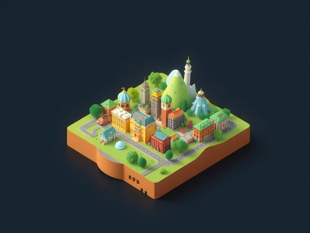 Miniature isometric island town rendered in a playful low-poly style