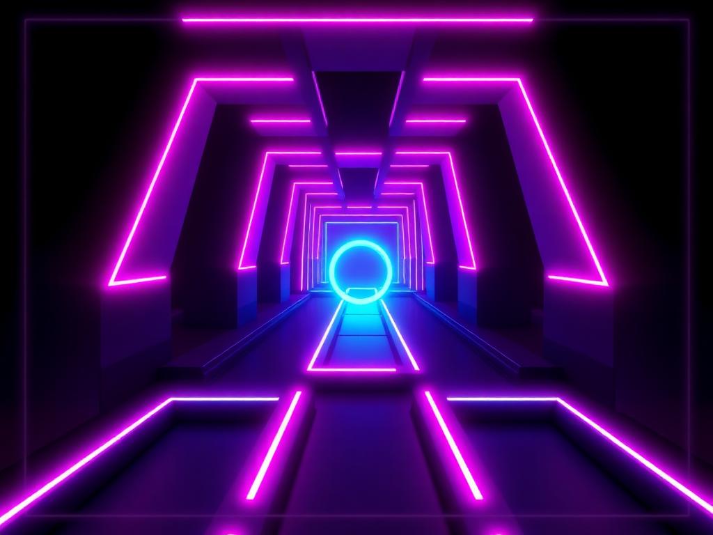 Neon arcade corridor with a glowing ring at the end of the track